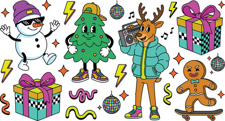 Retro Christmas cartoon character sticker set. Funny snowman with sunglasses, smiling pine tree, deer holding boombox, gingerbread man on skateboard and gift boxes. © airin