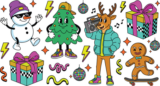 Retro Christmas cartoon character sticker set. Funny snowman with sunglasses, smiling pine tree, deer holding boombox, gingerbread man on skateboard and gift boxes.