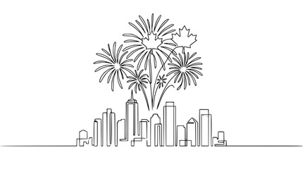 Naklejka premium Canada Day Fireworks Over Toronto Skyline - Single Line Art