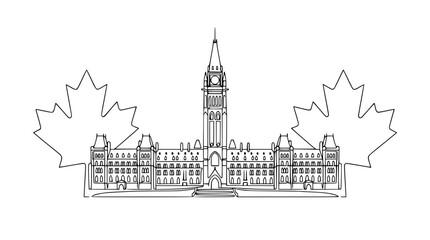 Fototapeta premium Canadian Parliament Building Outline with Maple Leaves - Ottawa Landmark