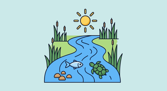 River scene with fish, turtle and sun