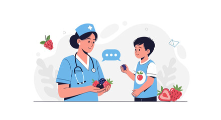 Fototapeta premium Nurse offers healthy berries to child, promoting nutrition and well-being in a modern vector illustration.