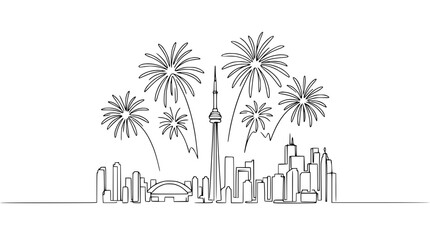 Naklejka premium Toronto Skyline Fireworks Continuous Line Drawing