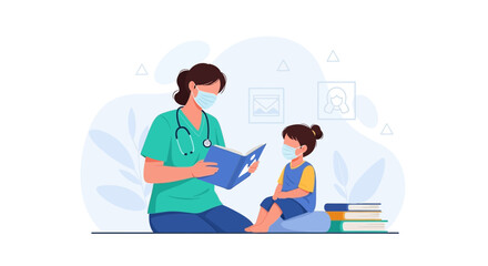 Fototapeta premium Nurse Reads to Child Patient, Both Wearing Face Masks, Symbolizing Care and Education During Health Crisis