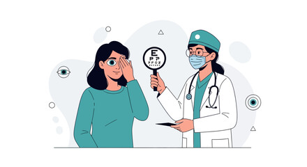 Fototapeta premium Ophthalmologist Examines Patient's Eyes with Chart - Vector Illustration