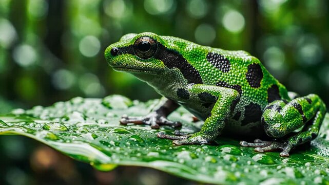 Green and black spotted poison dart frog perched on a wet tropical leaf with large water droplets, captured in a macro shot against a blurred jungle bokeh background.
