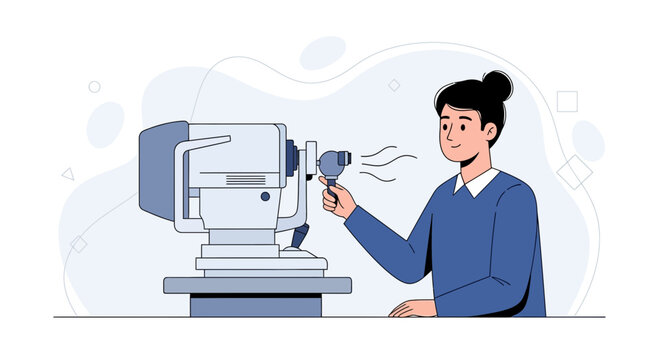 Ophthalmologist examines patient's eye with specialized equipment, modern eye care concept illustration.