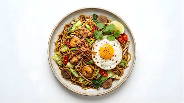 Top view of stir-fried mee goreng noodles with shrimp egg vegetables and chili, asian fusion cuisine menu display