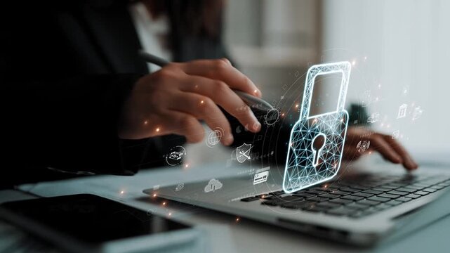 Cybersecurity protection system showing password encryption, fingerprint ID, cloud security, email, credit card, and database lock for secure data access Marrow