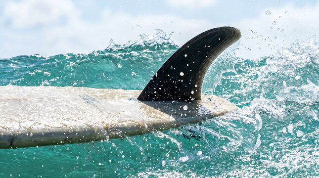 Closeup of surfboard fin in ocean waves on a sunny day
