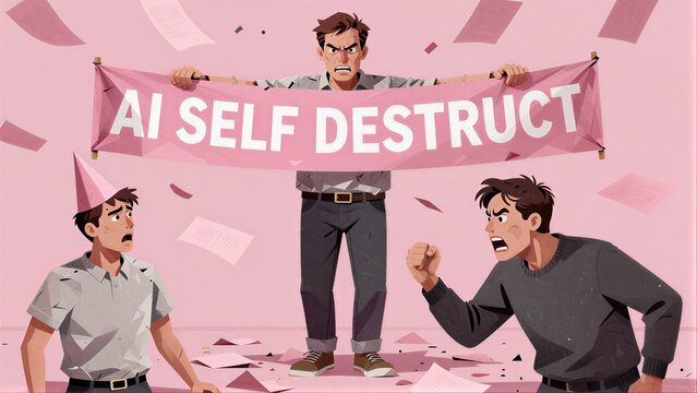 Man holds "AI SELF DESTRUCT" banner as others react in panic amidst pink confetti.