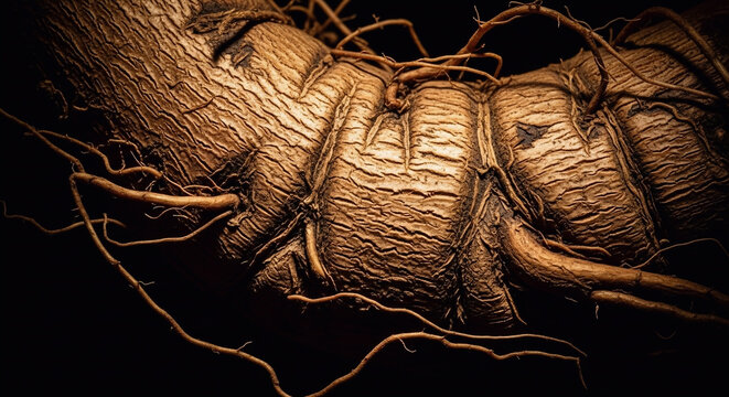 A close-up view of the textured root system of a butea superba plant highlighting its rugged bark and intricate branching patterns in a dark environment