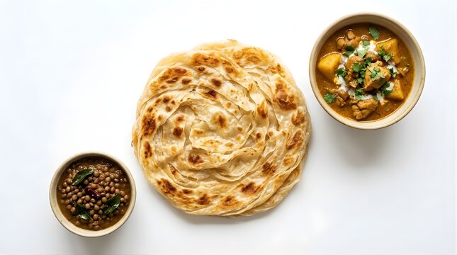Kerala parotta with chicken curry and dal fry overhead view for indian restaurant menu and catering promotion