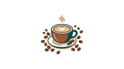 Fototapeta premium Latte Art Coffee Cup with Heart and Beans, Isolated on White Background