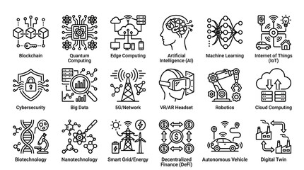 Obraz premium Technology icons visualize advanced computing concepts including artificial intelligence, blockchain, robotics, and internet of things connectivity.