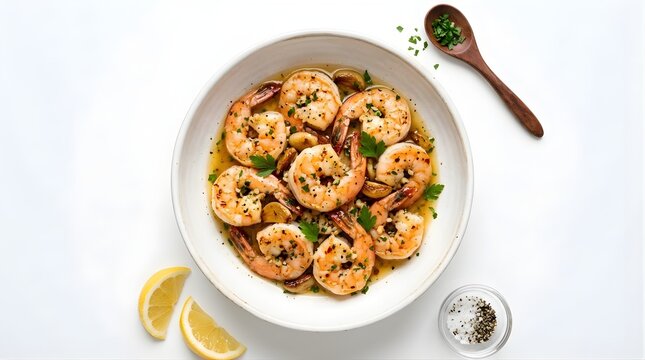 Fresh garlic butter shrimp scampi in a ceramic bowl with parsley and lemon wedges for gourmet seafood dining presentation