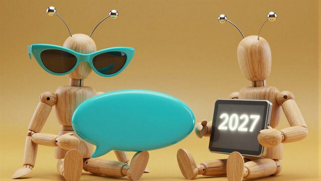 Two wooden alien figures, one with sunglasses and a speech bubble, the other holding '2027'.