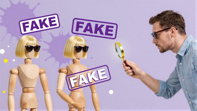 Man examines fake dolls with magnifying glass, highlighting misinformation.