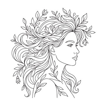 Beautiful Woman Face Profile with Floral Hair Line Art for Adult Coloring Book Illustration