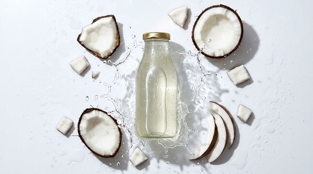 Refreshing Coconut Water Splashing from a Bottle Surrounded by Fresh Coconuts and Chunks
