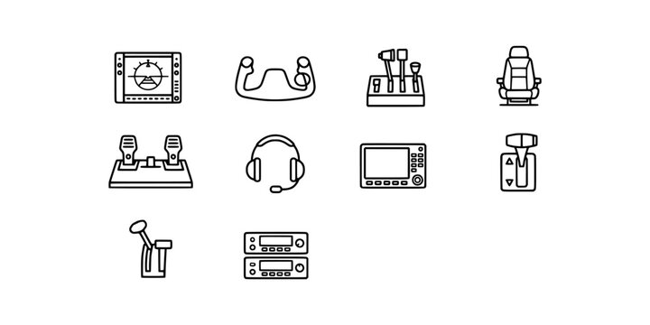 Icon set collection of professional aviation cockpit instruments, flight controls, navigation equipment, and pilot headsets for aircraft training and simulation.