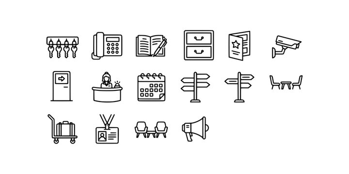 Icon set collection of hospitality and office administrative elements including reception desk, security camera, signage, directories, and luggage handling service icons.