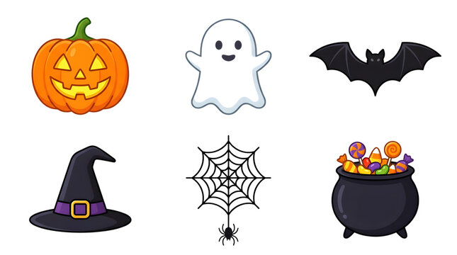 Cute halloween icons set pumpkin ghost bat witch hat spiderweb and candy cauldron isolated on transparent background