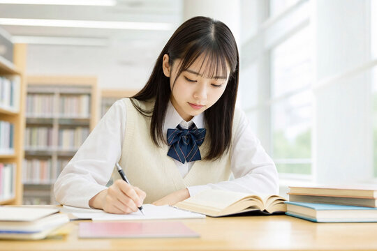 図書館でノートに書く女子学生 勉強する大学生