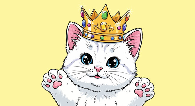 Cute White Kitten Wearing a Royal Golden Crown Cartoon Illustration