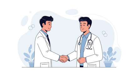 Fototapeta premium Two doctors shaking hands, representing collaboration and agreement in the medical field, with a modern flat illustration style.