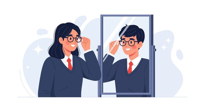 Person Adjusting Glasses in Mirror, Reflecting a Different Identity