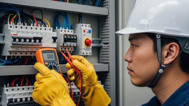 Electrical - Asian Electrician Using Digital Multimeter to Test Wiring in Industrial Control Panel