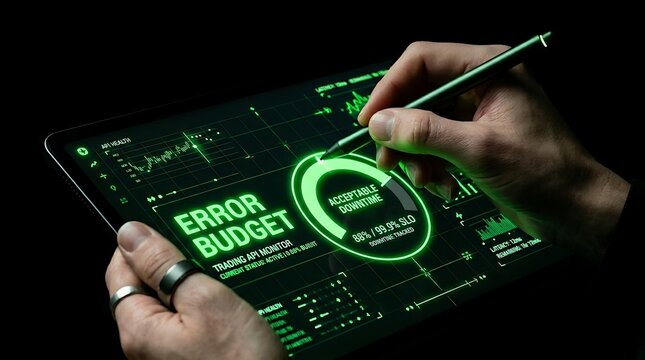 IT Professional Monitoring Error Budget Metrics on Digital Tablet Interface.