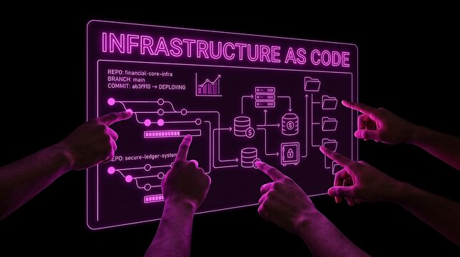 Digital interface displaying infrastructure as code diagram with hands interacting.