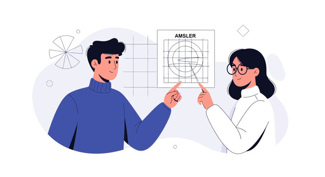 Two people, a man and a woman, are looking at an Amsler grid, possibly discussing vision or eye health.