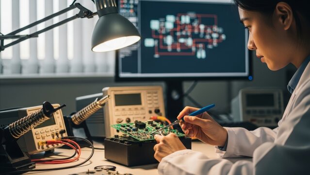 Electronics Engineering - Asian Technician Soldering Circuit Board with Oscilloscope and PCB Schematic on Monitor
