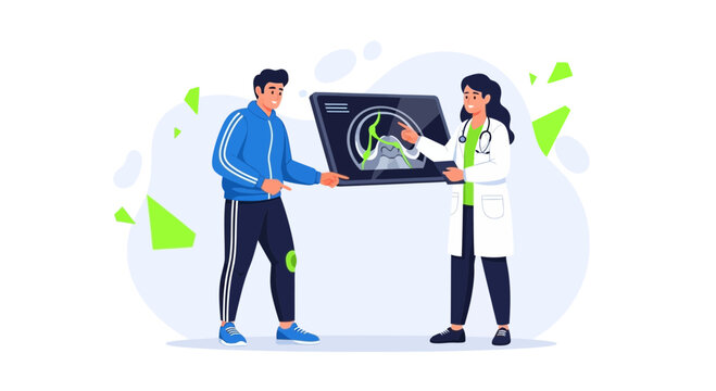 Doctor and Patient Discussing Medical Scan Results Showing Knee Injury Diagnosis and Treatment Plan