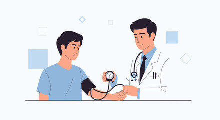 Fototapeta premium Doctor checks patient's blood pressure with sphygmomanometer, medical checkup illustration