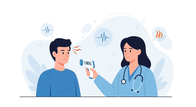 Doctor checks patient's temperature with infrared thermometer, showing fever symbol and heartbeat line