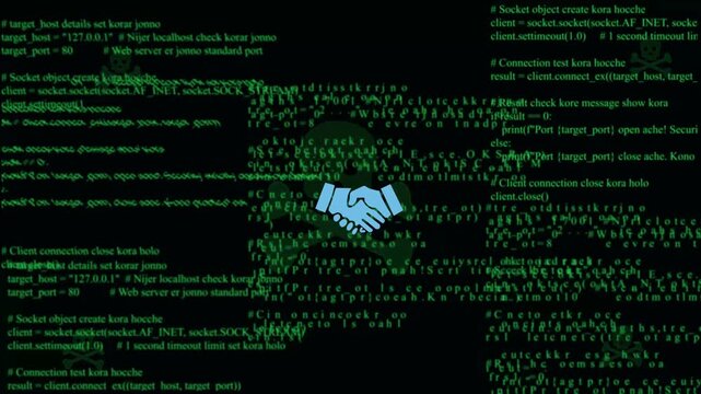 Light blue handshake icon vector on dark background with abstract green computer matrix digital coding glitch for cyber security partnership concept