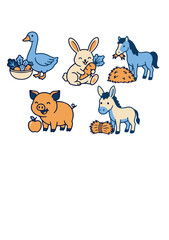 Naklejka premium Cute Farm Animals Feeding Bundle with Honest Horse Rabbit Goose Pig and Donkey 