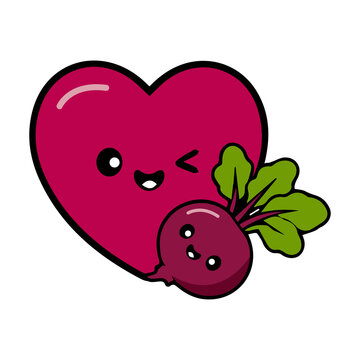 Cute beetroot mascot logo with playful vector illustration elements, bold outlines, flat colors, and a cheerful kawaii cartoon style