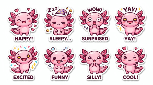 Set Of Cute Cartoon Axolotl Stickers With Various Emotional Expressions