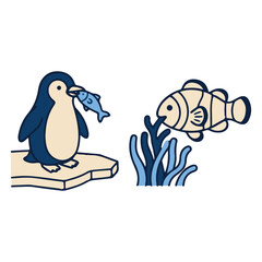 Fototapeta premium Marine Wildlife Animals with Cute Penguin on Ice and Clownfish Eating 