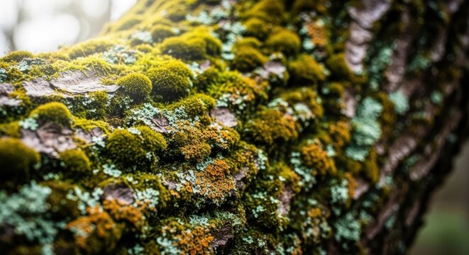 Moss and Lichen Growth on Tree Bark Close-up
