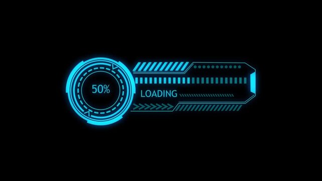 Futuristic blue glowing loading bar and progress circle animation with percentage counter on black background digital interface element