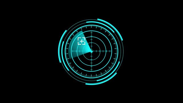 Radar interface screen showing scanning motion for target detection in cyber security systems using glowing neon blue digital elements on dark background for futuristic technology concepts