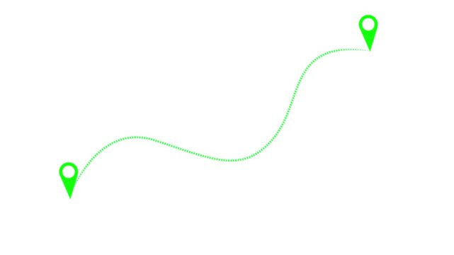 Animated green map route with dotted line connecting two pin markers on white background for travel planning journey tracking destination navigation gps concept motion graphics video clip