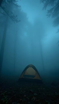 Tent Camping in Mysterious Foggy Forest