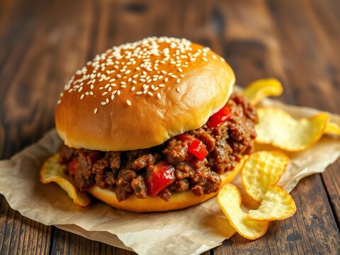 A savory sloppy joe sandwich topped with sesame seeds on a soft bun with fries.